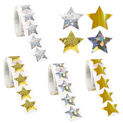 LMSHOWOWO 2000 Stück Gold und Silber Sterne Aufkleber Rolle, 4 Stile 2,5 cm Glitzer Sticker, Sterne Belohnung Sticker, Selbstklebend Dekorative Stern Aufkleber, für Scrapbooking, Geschenke, Basteln von LMSHOWOWO