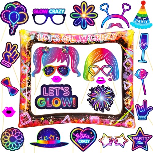 LMSHOWOWO 25 Stück Glow Fotobox Requisiten, Neon Party Fotobox Accessoires, Aufblasbarer Fotorahmen, Lila Foto Requisiten, Foto Booth Props, für Geburtstag, Karneval, Disco Party Zubehör Deko Gadgets von LMSHOWOWO