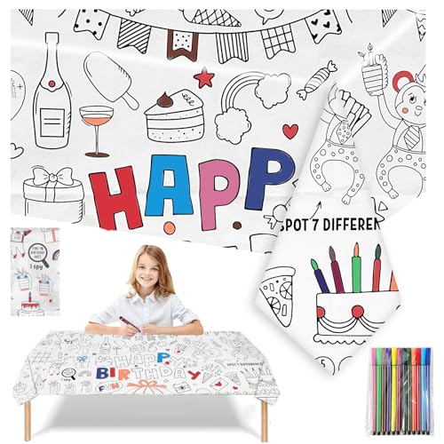 LMSHOWOWO 80 x 110cm Ausmaltischdecke für Kinder, Riesiges Happy Birthday Ausmalposter mit 12 Aquarellstifte, Papier-Tischdecke zum Ausmalen, Bemalbare Tischdecke, für Kindergeburtstag, Mal Mich Bunt von LMSHOWOWO