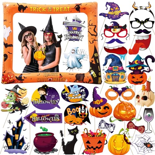 LMSHOWOWO Halloween Aufblasbarer Fotorahmen, 30 Stück Halloween Foto Requisiten, Orange Selfie Rahmen Halloween, Lustiges Halloween Foto Booth Prop, Fotobox Accessoires für Halloween Party Dekoration von LMSHOWOWO