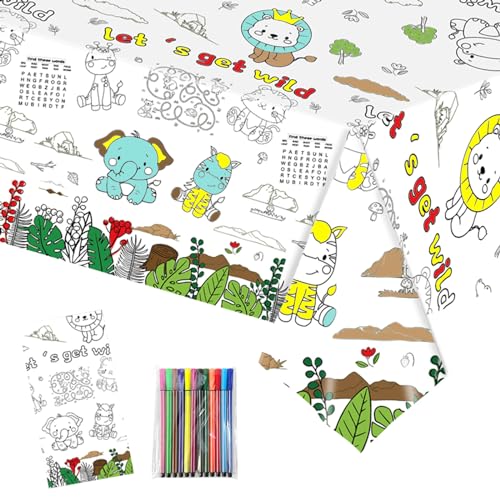 LMSHOWOWO Papier-Tischdecke zum Ausmalen, 137 x 274cm Bemalbare Tischdecke Tiere, Ausmaltischdecke Kinder mit 12 Farbige Aquarellstifte, für Deko Kindergeburtstag, Kreative Kinderbeschäftigung von LMSHOWOWO