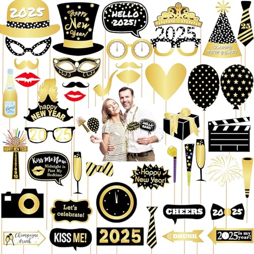 LMSHOWOWO Silvester Deko 2025, 46PCS 2025 Neujahr Foto Requisiten, Silvester Photo Booth Props, Fotorequisiten Fotoaccessoires, Verkleidung Party Zubehör für Erwachsene Silvester Party Dekoration von LMSHOWOWO