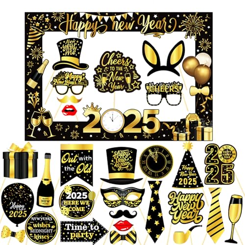 LMSHOWOWO Silvester Deko 2025, 2025 Neujahr Papier Fotorahmen mit 28PCS 2025 Neujahr Foto Requisiten, Schwarz Gold Silvester Selfie Rahmen, für Weihnachten Geburtstag Silvester Party Dekorationen von LMSHOWOWO