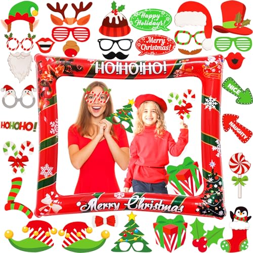 LMSHOWOWO Weihnachten Aufblasbarer Fotorahmen, mit 32 Stück Weihnachtsfeier Foto Requisiten, Weihnachtsfeier Fotorequisiten, Fotobox Accessoires Weihnachten, Weihnachten Photo Booth Requisiten von LMSHOWOWO