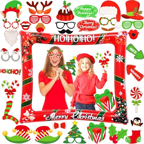 LMSHOWOWO Weihnachten Aufblasbarer Fotorahmen, mit 32 Stück Weihnachtsfeier Foto Requisiten, Weihnachtsfeier Fotorequisiten, Fotobox Accessoires Weihnachten, Weihnachten Photo Booth Requisiten von LMSHOWOWO