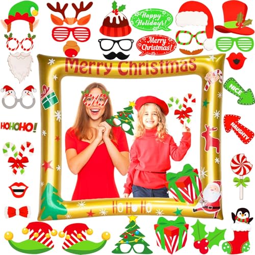 LMSHOWOWO Weihnachten Aufblasbarer Fotorahmen, mit 32 Stück Weihnachtsfeier Foto Requisiten, Weihnachtsfeier Fotorequisiten, Fotobox Accessoires Weihnachten, Weihnachten Photo Booth Requisiten von LMSHOWOWO