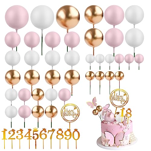 LMSHOWOWO 40 Stück Schaum Tortendeko Kugeln, Happy Birthday Cake Topper, 5 Größen Kuchen Dekoration mit Cupcake Topper 0-9, DIY Kuchen Topper für Hochzeit Geburtstag Babyparty (Rosa Weiß Gold) von LMSHOWOWO