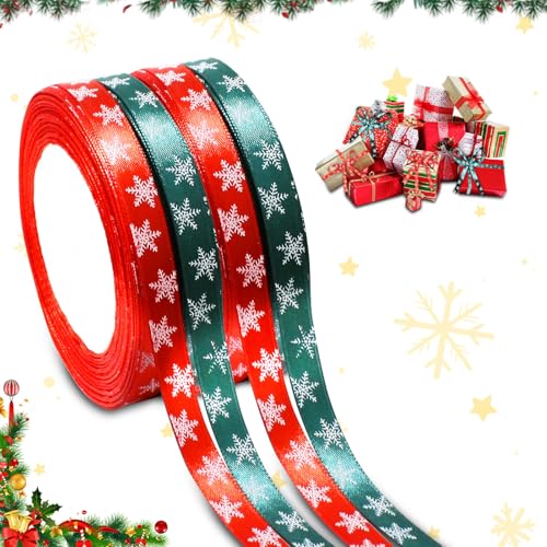 4 Rollen Weihnachten Geschenkband Schleifenband, Schleifenband Bänder, 10 mm Schneeflocke Satinband Geschenkband für Weihnachten Dekoration, Weihnachtsbaum, Kranz (Rot, Grün) von LMYEVYD