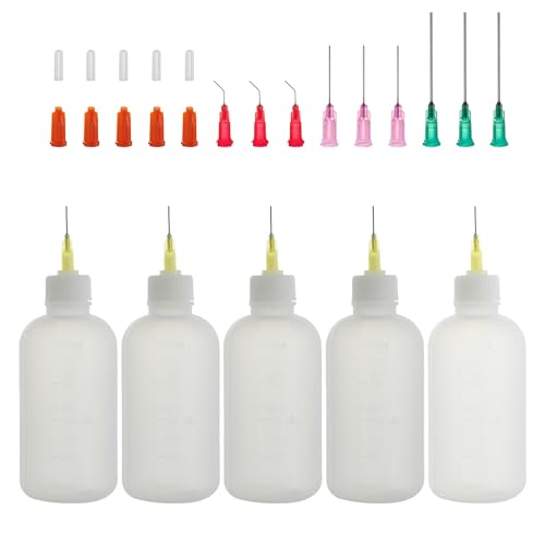 Nadelflaschen, 100ml Dosierflasche, Nadelspitze Applikator Flasche mit 14 Dispensing feine Nadeln und 12 Kappen für DIY Handwerk Nachfüllen Leim, Acrylfarbe, Öl, 5 Stück Leimflasche Leer (100ml) von LMYKH