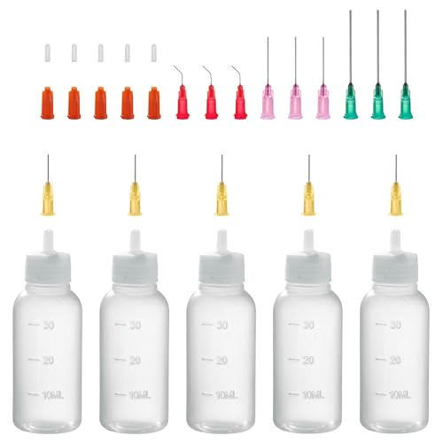 Nadelflaschen, 30ml Dosierflasche, Nadelspitze Applikator Flasche mit 14 Dispensing feine Nadeln und 12 Kappen für DIY Handwerk Nachfüllen Leim, Acrylfarbe, Öl, 5 Stück Leimflasche Leer (30ml) von LMYKH