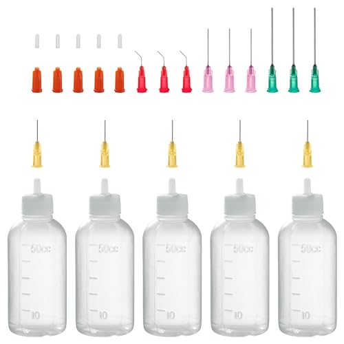 Nadelflaschen, 50ml Dosierflasche, Nadelspitze Applikator Flasche mit 14 Dispensing feine Nadeln und 12 Kappen für DIY Handwerk Nachfüllen Leim, Acrylfarbe, Öl, 5 Stück Leimflasche Leer (50ml) von LMYKH