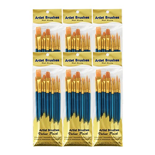 6 Pack 60 Stück Nylon Haar Pinsel Set, Blau Künstler Pinsel für Acryl, Öl Aquarell, Schule Studenten Malerei Set von LNAUJS