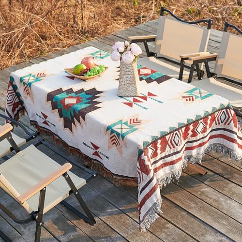 LNGFSH Bohemian Tischdecke Wasserdicht Abwaschbar Tischdecken Baumwolle Leinen Tischwäsche Boho Vintage Tischtuch Tischbedeckung Rot Bunt Tischdekoration für Speisetisch (130x180 cm) von LNGFSH