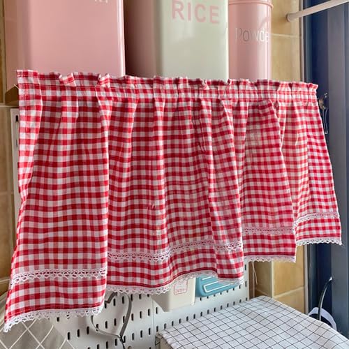 LNGFSH Karierte Küche Gardine Scheibengardine Bistrogardinen Verdunkelung Landhausstil Kurzgardine Tunnelzug Bistrogardine mit Spitze Vorhang Schlafzimmer (Rot,W x H 120 x 30cm) von LNGFSH