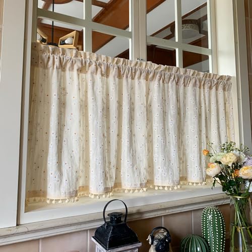 LNGFSH Scheibengardinen Gardine Kurzstores Beige Leinen Baumwolle Keines Gänseblümchen mit Pompon Kurzgardinen Küchengardine Küchenvorhang Tür Korridor Gardine (BxH 140x110cm) von LNGFSH