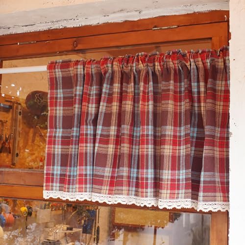 LNGFSH Scheibengardinen Gardine Kurzstores Grün Baumwoll Kariert Kurzvorhang Kurzgardinen Küchengardine Küchenvorhang Küche Vorhang Fenster Kurz Stores Bistrogardine (Rot,BxH 140x40cm) von LNGFSH