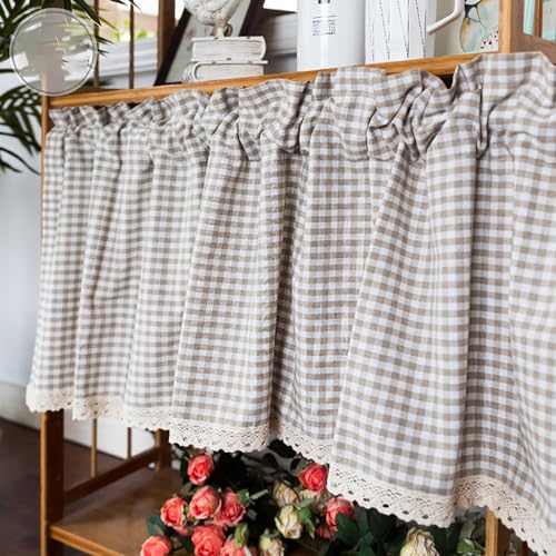 LNGFSH Scheibengardinen Küche Gardine Kurzstores Beige Kariert Gingham Muster Bauernhaus Spitze Kurzvorhang Kurzgardinen Küchengardine Küchenvorhang (BxH 130x35cm) von LNGFSH