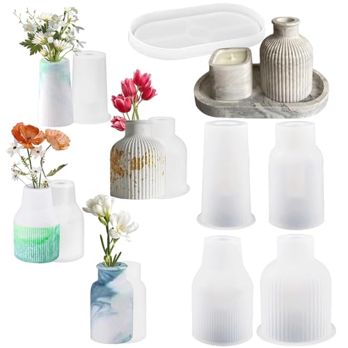 LNGJIN Vase Silicone Mould,5 Stück Epoxidharz Silikon Vase Formen,Flower Vase Silicone Moulds,Vase Epoxidharz Formen,Blumenvase Silikonformen,zur Herstellung Von Stifthaltern Vasen (Vase + Tablett) von LNGJIN