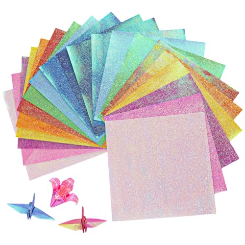 LNQ LUNIQI 100 Blatt Quadratisch Origami Papier Glitzer, 15x15 cm Origami Faltpapier Bunt Bastelpapier Set für Bastelprojekte Sterne, Papierkran, Flugzeuge, Tiere (10 Farben) von LNQ LUNIQI