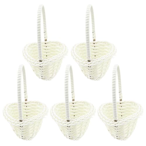 LNQ LUNIQI Weiß Hochzeitskorb Klein mit Henkel, 5 Stück Weiss Rattan Korb für Blumen, Hochzeit Geflochtener Korb Set, Kinder Blumenkörbchen Weidenkorb für Hochzeit Party Dekoration von LNQ LUNIQI