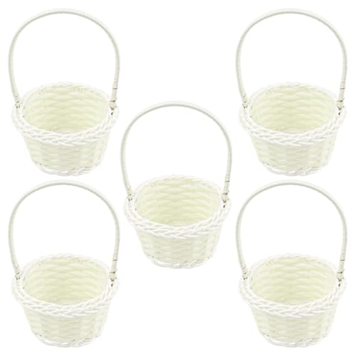 LNQ LUNIQI Weiß Hochzeitskorb Klein mit Henkel, 5 Stück Weiss Rattan Korb für Blumen, Hochzeit Geflochtener Korb Set, Kinder Blumenkörbchen Weidenkorb für Hochzeit Party Dekoration von LNQ LUNIQI