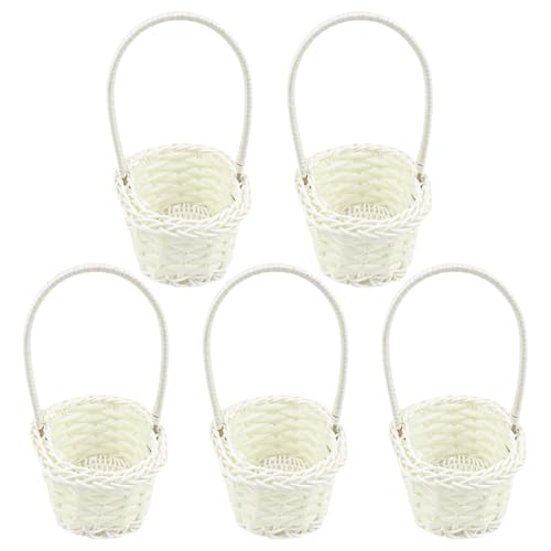 LNQ LUNIQI Weiß Hochzeitskorb Klein mit Henkel, 5 Stück Weiss Rattan Korb für Blumen, Hochzeit Geflochtener Korb Set, Kinder Blumenkörbchen Weidenkorb für Hochzeit Party Dekoration von LNQ LUNIQI