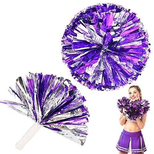 Pompoms Cheerleading - LNSYSNS Lila Gemischtes Silber Cheerleader Pom Poms, 2 Stück Gerader Griff Stil Pom Poms aus Metallfolie, Cheerleader Pompons für Tanzparty Sport Wettbewerb Team Geist von LNSYSNS