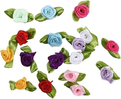 100 Stück Mini-Rosen-Ornamente, Satin-Stoffrosen mit Blättern, gemischte Farben, Nähapplikationen und Verzierungen für Jacke, Rock, Dekoration,Borten und Ornamente Nähen und Stoffe von LNYMZD