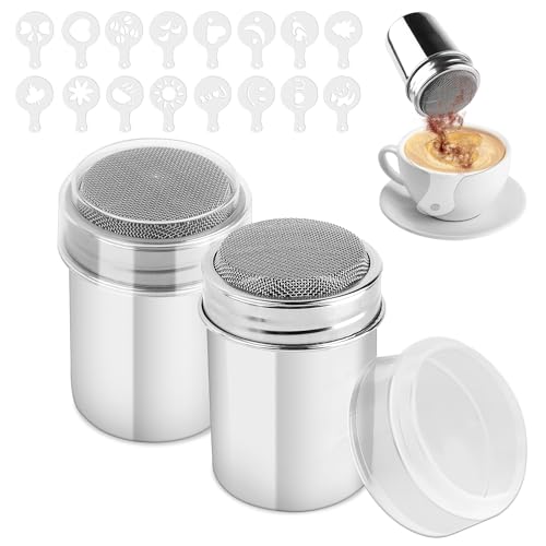 2 Stück Kakaostreuer Edelstahl mit 16 Pcs Kaffee Schablonen, Mehlstreuer mit Deckel Puderzuckerstreuer für Cappuccino, Kakaopulver Streuer zur Dekoration von Kaffee Kuchen von LOBVABA