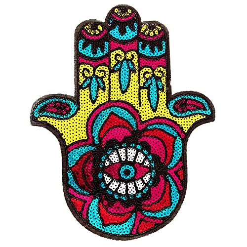 LOCOMO Große Hamsa-Auge Hand der Fatima Pailletten Bügelbild Aufnäher Funkelnd Bunt DIY Applikation Motiv für Kinder Erwachsene Kleidung Jacke Rucksack Dekoration von LOCOMO