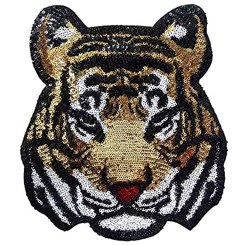 LOCOMO Großer Pailletten-Tigerkopf, zum Aufbügeln oder Aufnähen, glitzernd, Bengal, DIY-Applikation, Motiv für Kinder, Erwachsene, Kleidung, Jacke, Rucksack, Dekoration von LOCOMO