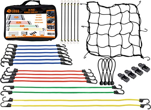 Lodd - Hochwertige elastische Spanner mit Haken, Satz mit 29 + 1 Stück Bungee-Schnüre, Planenclips, elastisches Netz. Wird mit Tragetasche geliefert. von LODD