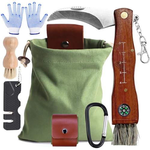 Pilzmesser mit Bürste und Lineal,Tragbares Schwammerlmesser, Schwammerlmesser mit Holzgriff,Messer Champignon/Trüffel Taschenmesser Klappmesser,mit Canvas Bushcraft Tasche,Geschenk für Pilzsammler von LOEPENLE