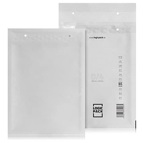 LOGIC PACK Premium Luftpolsterumschläge D4 100 St. Luftpolstertaschen, 200 x 275 mm Weiß Gepolsterte Briefumschläge, Haftklebend Polsterumschläge Versandtaschen Luftpolster Umschlag Gepolstert DIN B5 von LOGIC PACK