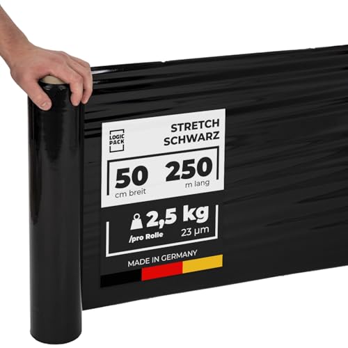 LOGIC PACK Stretchfolie Schwarz Verpackungsmaterial Packfolien Folie Für Möbel Handfolie Wickelfolie Verpackungsfolie - 1 Rolle 50 cm Breite 250m Länge 2,5 kg von LOGIC PACK