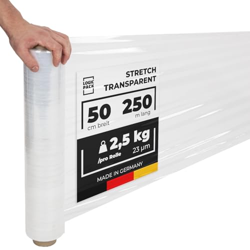 LOGIC PACK Stretchfolie Transparent Verpackungsmaterial Packfolien Folie Für Möbel Handfolie Wickelfolie Verpackungsfolie - 1 Rolle 50 cm Breite 250m Länge 2,5 kg von LOGIC PACK