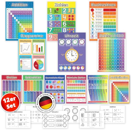 LOGIJO® 12 X pädagogische Montessori Mathe Lernposter, Set A3 mit Übungsblättern, Premium Poster Papier seidenmatt, Zahlen lernen 1x1 Einmaleins, Grundrechenarten, Lernhilfe für Kinder Vor-Grundschule von LOGIJO