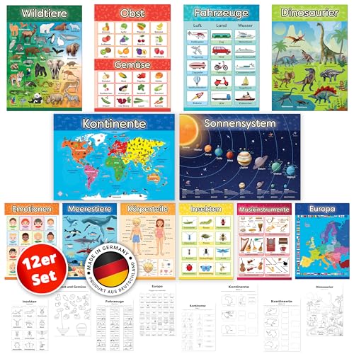 LOGIJO® 12 X pädagogische Montessori Lernposter - Set A3 mit Übungsblättern - Extra Premium Poster Papier seidenmatt - Lerngrundlagen 2 - Lernhilfe für Kinder der Vorschule und Grundschule von LOGIJO