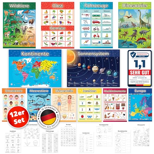 LOGIJO® 12 X pädagogische Montessori Lernposter - Set A4 mit Übungsblättern - Extra Premium Poster Papier seidenmatt - Lerngrundlagen 2 - Lernhilfe für Kinder der Vorschule und Grundschule von LOGIJO