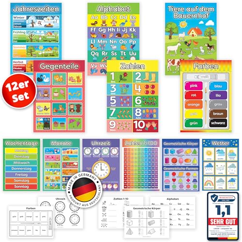 LOGIJO® 12 X pädagogische Montessori Lernposter, Set A4 mit Übungsblättern, Premium Poster Papier seidenmatt, Lerngrundlagen 1 - Alphabet, ABC, Zahlen lernen, Lernhilfe für Kinder der Vor- Grundschule von LOGIJO