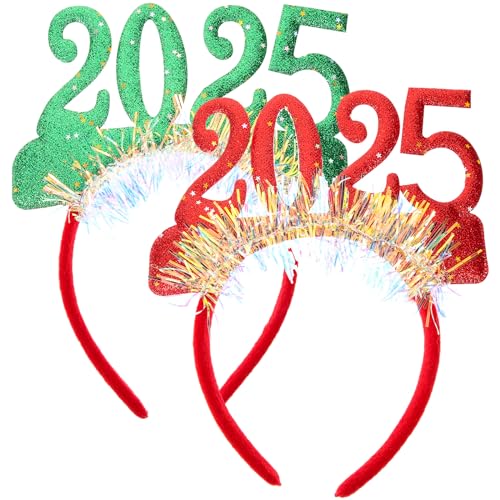 LOGOFUN 2 Stück Neujahrsparty-Haarreif 2025 Happy New Year Haarbänder mit Goldfolie Glitzer 2025 Urlaub Kopfschmuck für Silvester Party Supplies - Grün & Rot von LOGOFUN