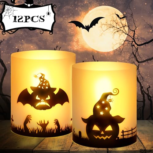 LOHAME 12 Stück Halloween Windlicht Tischdeko Windlichter Halloweendeko Indoor Kürbis Fledermaus Hexe Spinne Windlicht Teelichthalter Halloween Kerze Deko für Teelichter LED Lichter Kerzen von LOHAME