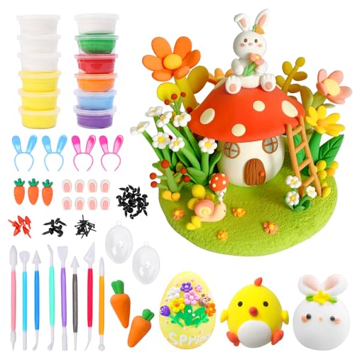 LOHAME 12 Stück Ostern Modelliermasse Lufttrocknend Bastelset Kinder Ostern Basteln Knete Osterhasen Küken Ostereier zum Basteln Osterdeko Ostergeschenke für Mädchen Junge Ostern Frühling von LOHAME