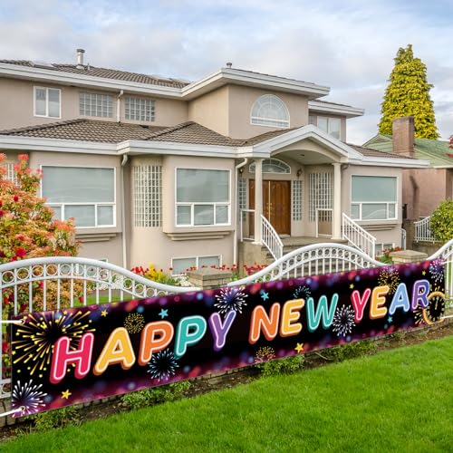 LOHAME 2024 Neujahr Banner 300x50cm Happy New Year Banner Silvester Deko Extra Lange Bunte Frohes Neues Jahr Banner Partybanner Hängedekoration für Silvesterpartydeko Outdoor Indoor Garten von LOHAME