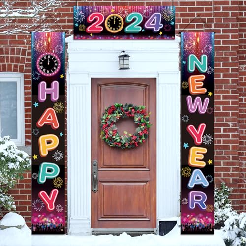 LOHAME 3 Stück 2024 Neujahr Tür Banner 185x30cm Happy New Year Door Banner Neon Frohes Neues Jahr Türbanner 2024 Silvester Deko Neujahrsbanner Hängedekoration Willkommen Veranda für Neujahrsdeko von LOHAME