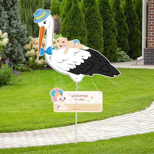 LOHAME 3tlg Storch Geburt Baby Blau Klapperstorch Set zur Geburt Baby Junge Willkommen Zuhause Baby Deko Geburtsstorch Schild mit Holzstab Namensschild Willkommensgeschenk für Draußen Drinnen von LOHAME