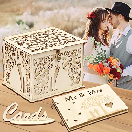 LOHAME 3tlg. Hochzeit Gästebuch und Hochzeitskartenbox Mr Mrs Hochzeitsgästebuch aus Holz mit Kartenschild Hochzeitstag Geschenkbox Mr&Mrs Hochzeitsbuch für Hochzeitsfeier Jahrestag Geschenk von LOHAME