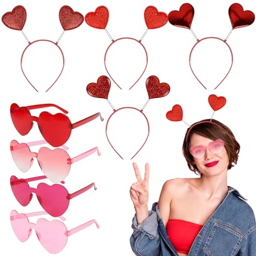 LOHAME 4 Set Valentinstag Herzbrille Pailletten Herz Haarreif Liebe Herz Brille Retro Partybrille Herzförmige Sonnenbrille Rot Herz Bopper Stirnband für Valentinstag Karneval Maskerade Damen Herren von LOHAME