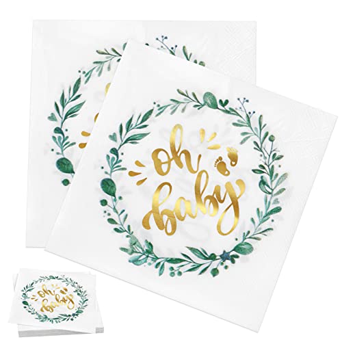 LOHAME 40 Stück Servietten "oh baby" im Gold 33 x 33 cm Papierserviette mit Fußabdrücke weiße & grüne Blätter Napkins für Babyparty Kindergeburtstag Taufe Konfirmation Tischdekoration von LOHAME