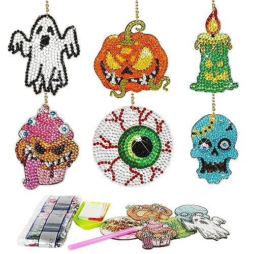 LOHAME 6 Stück Halloween Diamond Painting Bastelset Kinder Kürbis Diamant Painting Schlüsselanhänger Basteln Set DIY 5D Doppelseitige Geist Anhänger Halloweengeschenke für Mädchen Junge von LOHAME